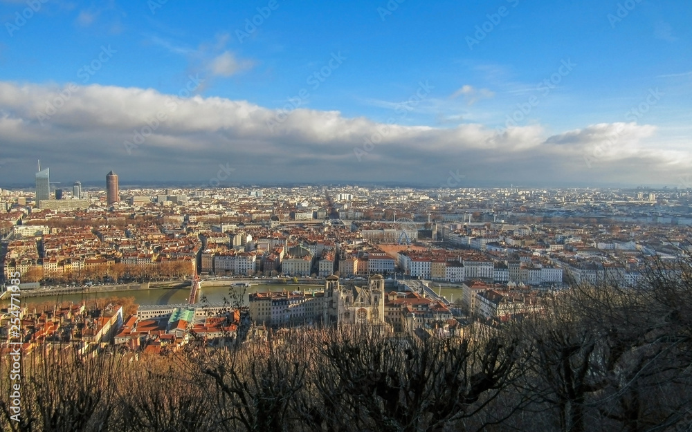Lyon old town cityscape with cathedral St. Jean Baptiste in Vieux Lyon