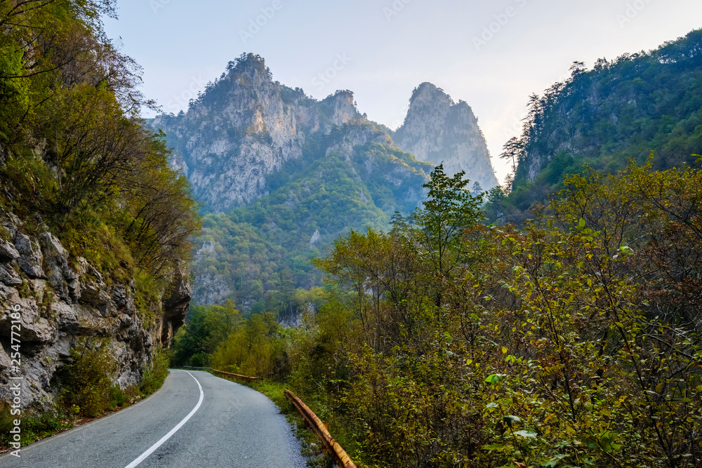 Montenegro, Pljevlja province, Durmitor National Park, country road through Tara Canyon Montenegro, Pljevlja province, Durmitor National Park, country road through Tara Canyon