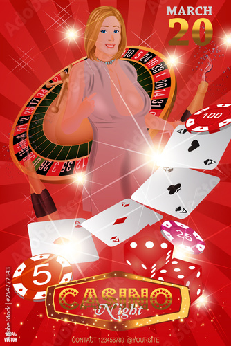 Casino roulette with chips, red dice and pretty girl. Realistic gambling poster banner. Casino vegas fortune roulette wheel design flyer. Design template with sample text for promoting your events