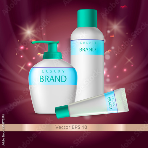 Cosmetic packaging brand cosmetics mock up. Plastic bottles and plastic box with a tube for. Plastic can with dispenser - kremem for luxury brand hands. Plastic bottle for shampoo, shower gel or tonic photo