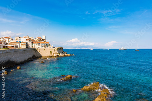 France, Provence-Alpes-Cote d'Azur, Antibes, Old town with Chateau Grimaldi, city wall photo