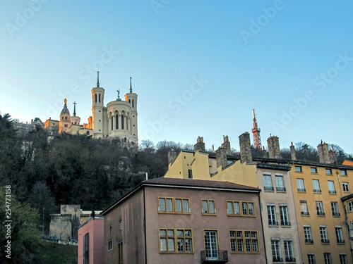 Basilica of Notre-Dame de Fourviere and Metallic tower of Fourviere, rooftops and chimneys, Lyon, France, Europe