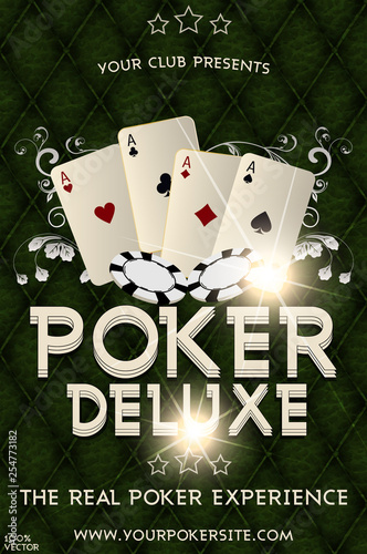 Casino poker tournament invatation design  with playing CARDS and CHIPS on luxury green background. Design template with sample text for promoting your events