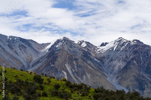 Mountain peak covered with snow, green hill and dramatic sky