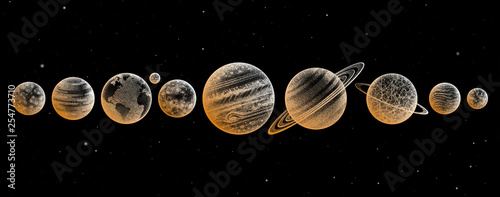 Collection of planets in solar system. Engraving style. Vintage elegant science set. Sacred geometry, magic, esoteric philosophies, tattoo, art. Isolated hand-drawn vector illustration