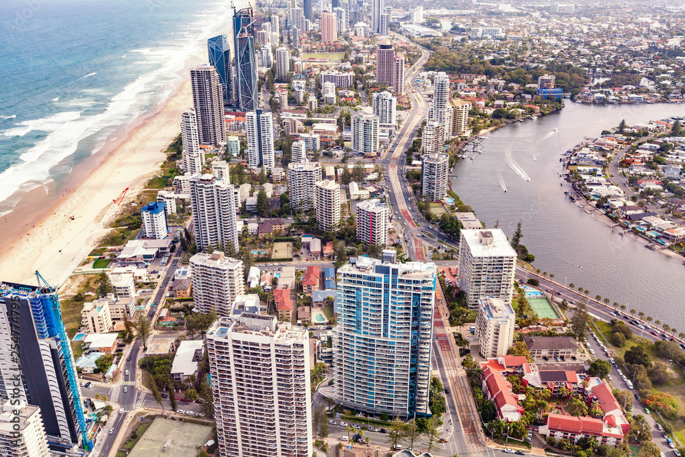 Aerial view of luxury apartment buildings on the Gold Coast near the ocean and Nerang river