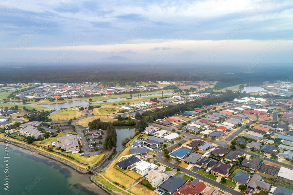 Aerial view of Harrington township at dusk