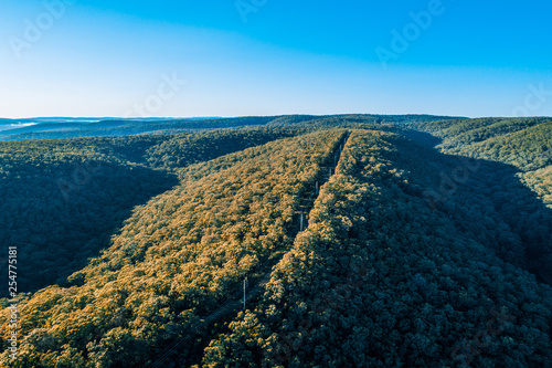 Aerial view of power lines among forested hills at sunrise in Australia photo