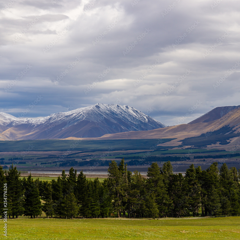 Mountains on the horizon covered with shade, dramatic sky during warm sunny day, trees and green grass in the foreground Mountains on the horizon covered with shade, dramatic sky during warm sunny day, trees and green grass in the foreground