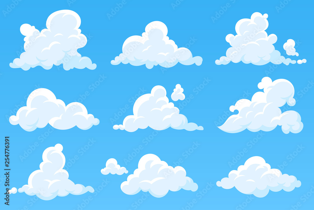 Fototapeta Chmury kreskówka wektor na białym tle na błękitne niebo. Zestaw białych chmur cumulus. Pochmurne niebo w tle. Ilustracja do projektowania. Odc 10.