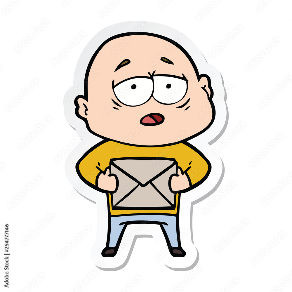 sticker of a cartoon tired bald man