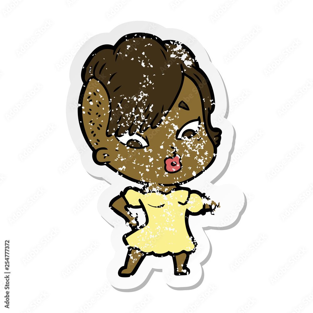 distressed sticker of a cartoon surprised girl distressed sticker of a cartoon surprised girl