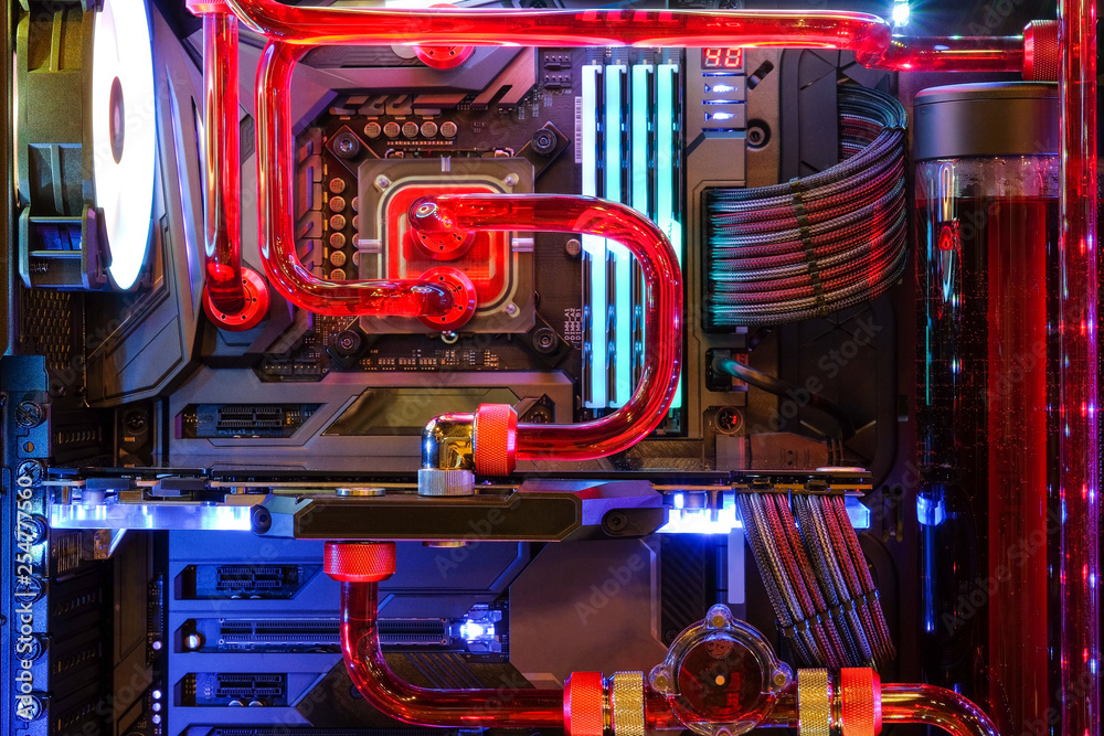 Close-up and inside Desktop PC Gaming and Water Cooling CPU with LED RGB  light show status on working mode, interior PC case technology background  foto de Stock | Adobe Stock