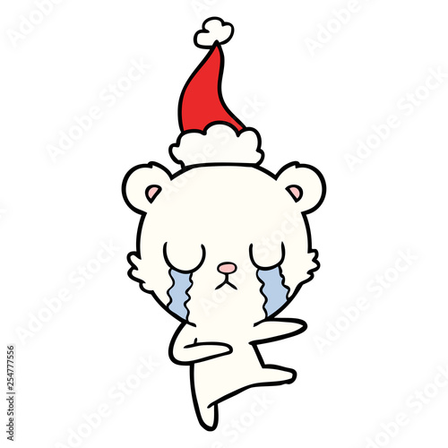 crying polar bear line drawing of a wearing santa hat