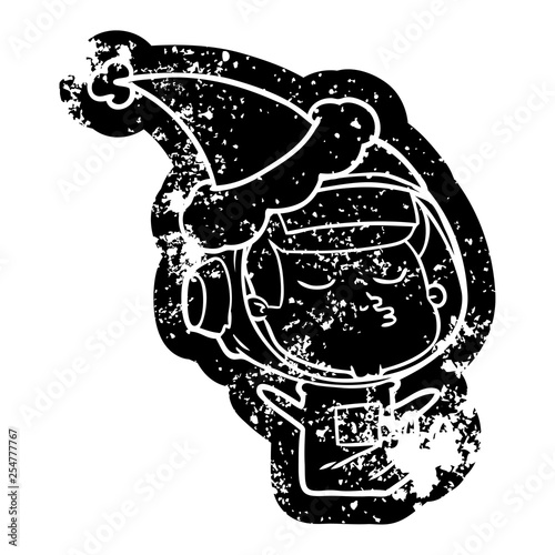 cartoon distressed icon of a confident astronaut wearing santa hat