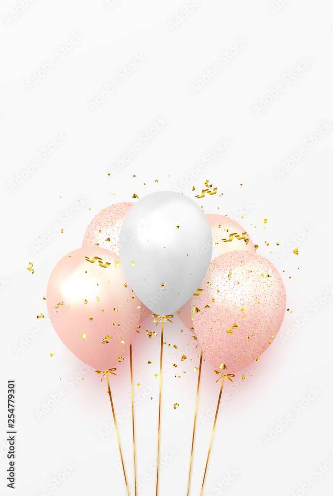 Naklejka Tło z uroczysty realistyczne balony ze wstążką. Uroczysty wzór z balonem, kolor różowy i biały, wysadzany złotymi iskierkami i brokatowymi konfetti. Świętuj szablon urodzinowy