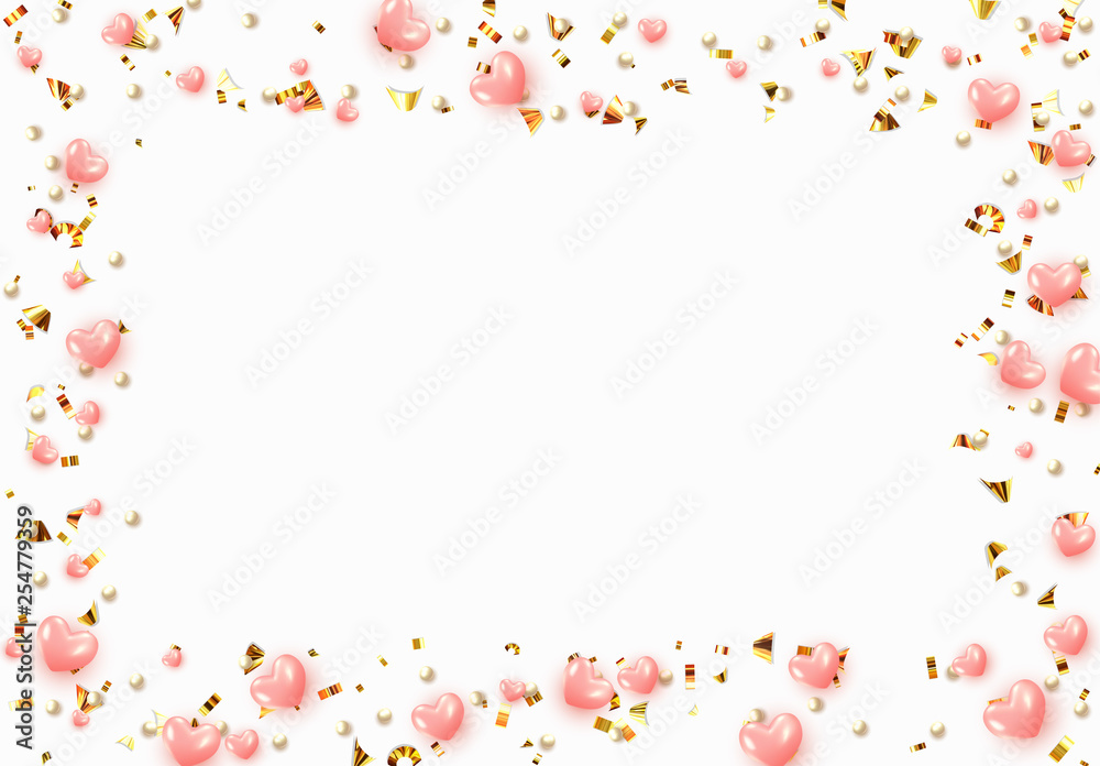 Background with pink hearts and round beads strewn with golden confetti