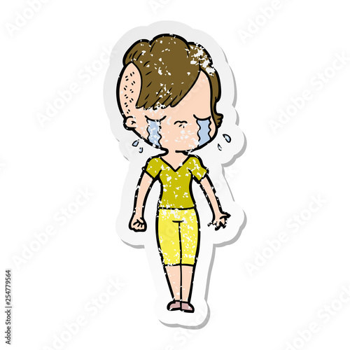 distressed sticker of a cartoon crying girl