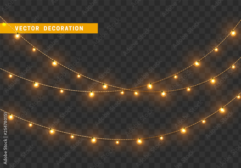 Christmas decorations, isolated on transparent background. Golden light garlands realistic set. Gold Xmas decor. Festive design element