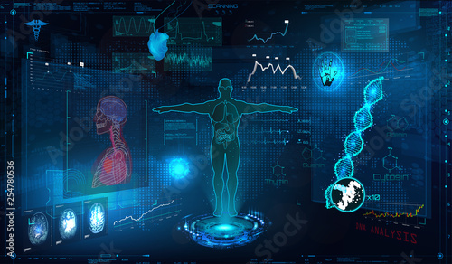 Medical examination HUD elements set. Display virtual interface (dna formula, ecg monitor, body scan, medical infographic, icons set, statistic and diagrams) Modern research of human health, vector