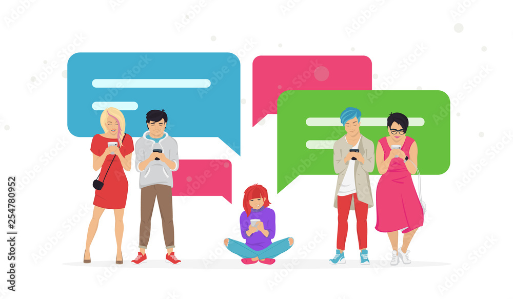 Chat speech bubbles for texting messages, communicating and sharing meme flat vector illustration