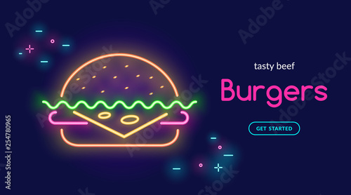Tasty beef burger with cheese symbol in neon light style on dark background. Bright vector neon illustration