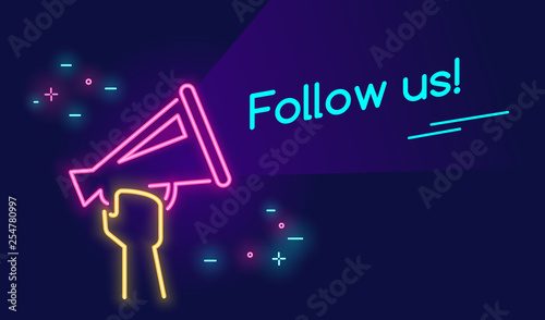 Follow us banner for social networks in neon light style on dark background. Bright vector neon illustration