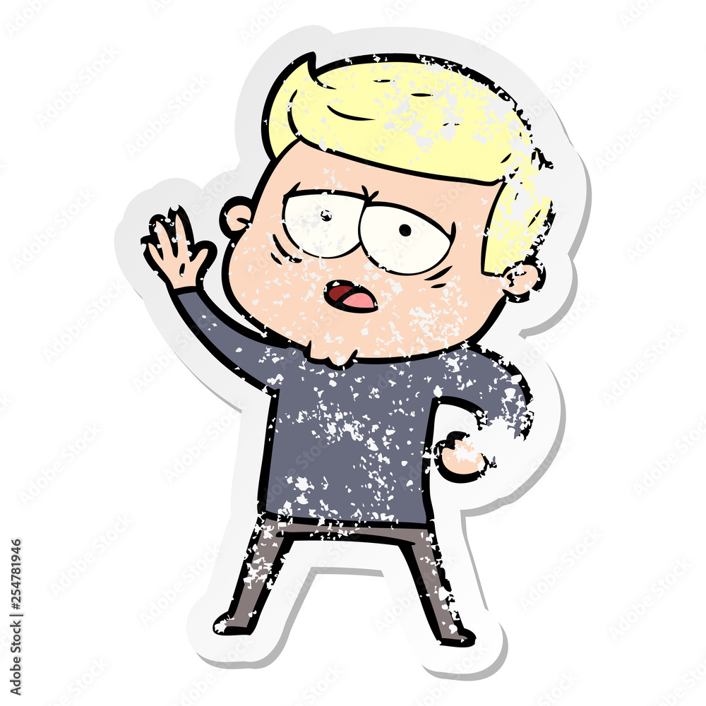 distressed sticker of a cartoon tired man distressed sticker of a cartoon tired man