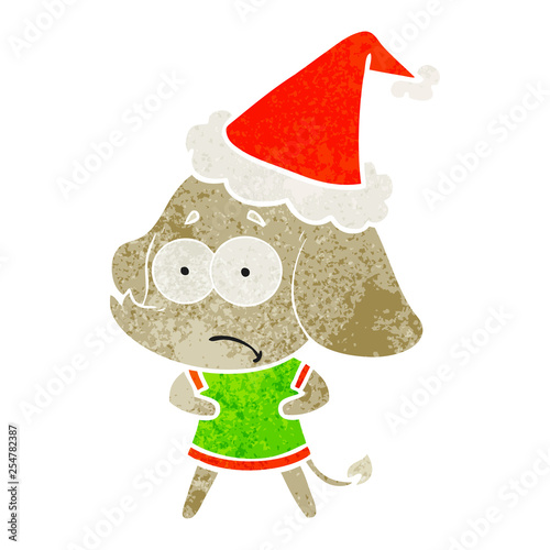 retro cartoon of a unsure elephant wearing santa hat