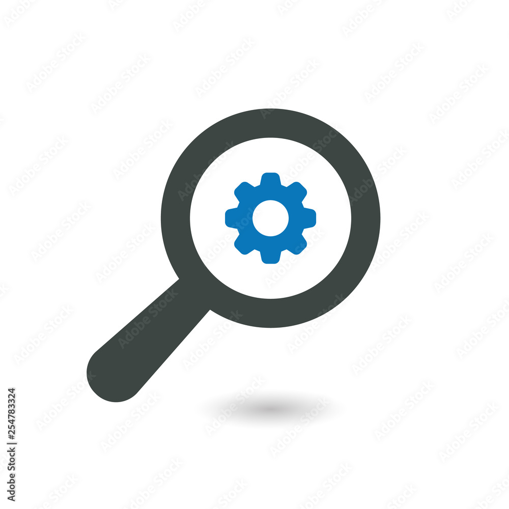 Find icon with settings sign. Find icon and customize, setup, manage, process symbol Find icon with settings sign. Find icon and customize, setup, manage, process symbol