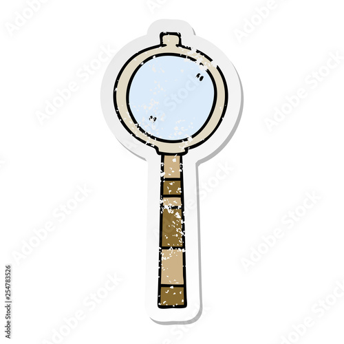 distressed sticker of a quirky hand drawn cartoon magnifying glass