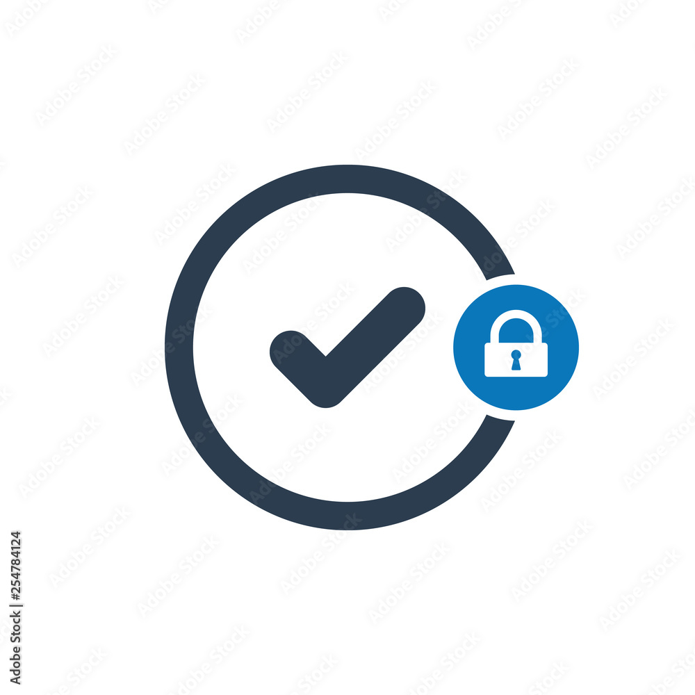 Tick icon with padlock sign. Tick icon and security, protection, privacy symbol Tick icon with padlock sign. Tick icon and security, protection, privacy symbol