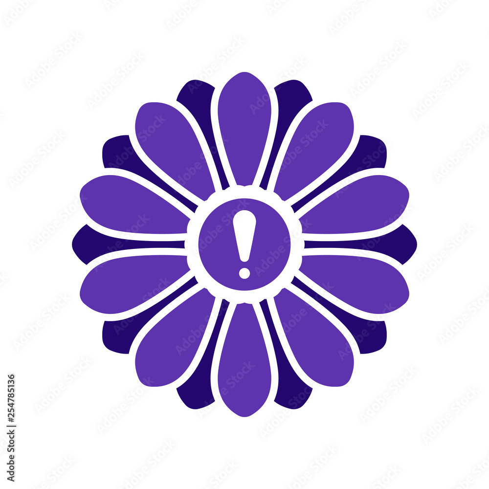 Flower icon with exclamation mark. Flower icon and alert, error, alarm, danger symbol Flower icon with exclamation mark. Flower icon and alert, error, alarm, danger symbol