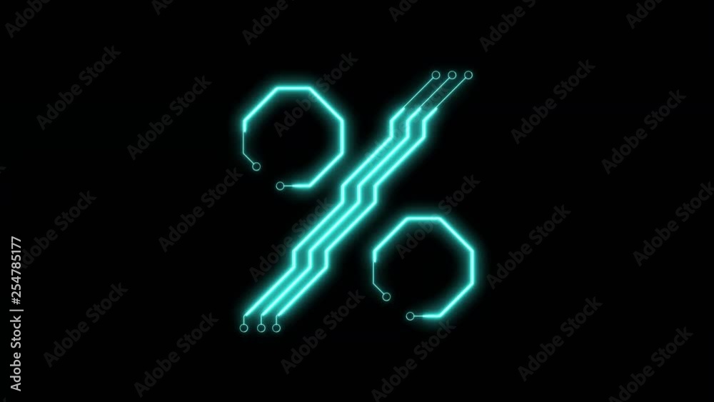 Animated blue neon glowing percent symbol as circuit board style Animated blue neon glowing percent symbol as circuit board style