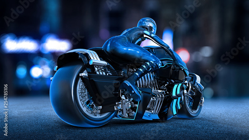 Biker girl with helmet riding a sci-fi bike, woman on black futuristic motorcycle in night city street, rear view, 3D rendering photo