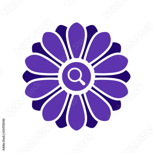 Flower icon with research sign. Flower icon and explore, find, inspect symbol