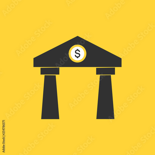 Bank Icon with dollar sign. investment or business concept. Vector illustration isolated on yellow background.