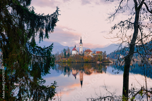 Beautiful landscape view of Bled Lake and Church in Slovenia
