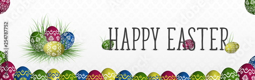 Happy Easter banner with colorful painted eggs on the grass and below banner with a pattern on the background