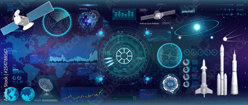 Spacecraft control panel dashboard in HUD style. Head-up display elements. Template UI for app and virtual reality. Abstract virtual graphic touch. HUD inteerface elements set. Vector illustration photo