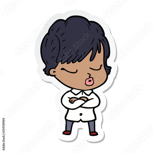 sticker of a cartoon woman with eyes shut
