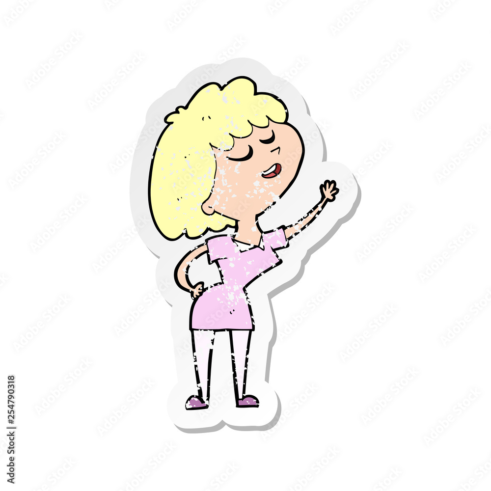retro distressed sticker of a cartoon happy woman about to speak retro distressed sticker of a cartoon happy woman about to speak