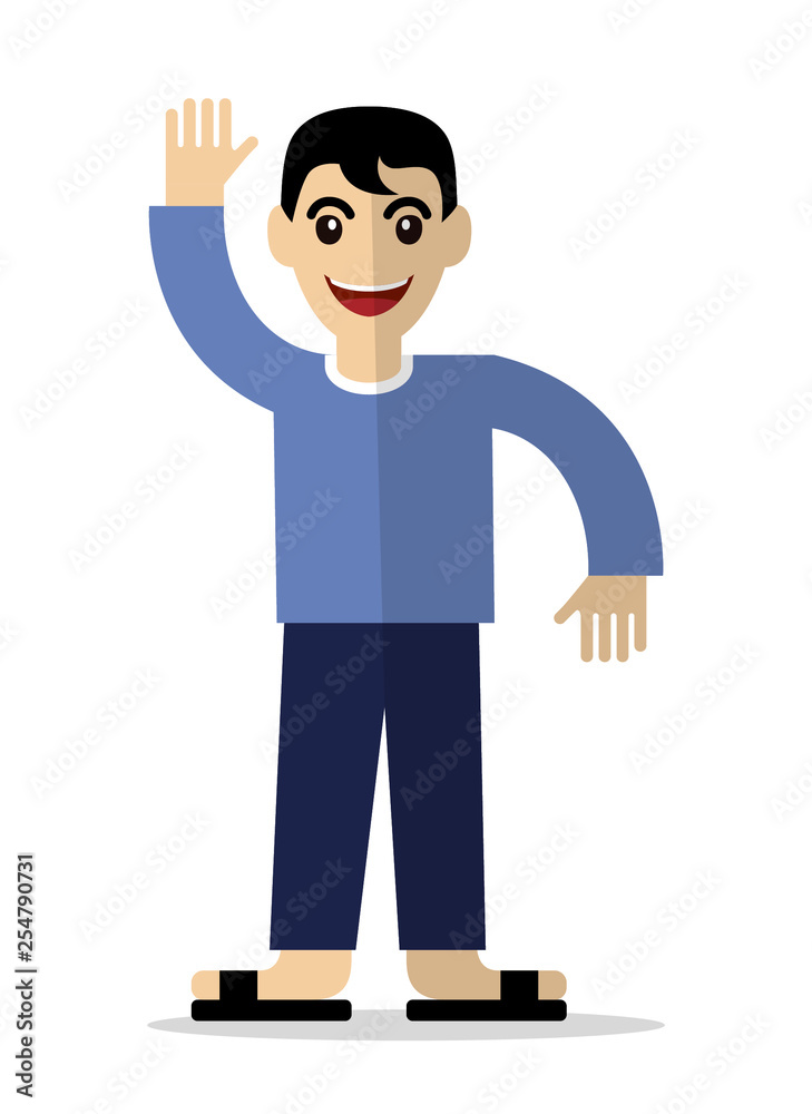 Man Standing raise his hand and greeting say Hello Man Standing raise his hand and greeting say Hello