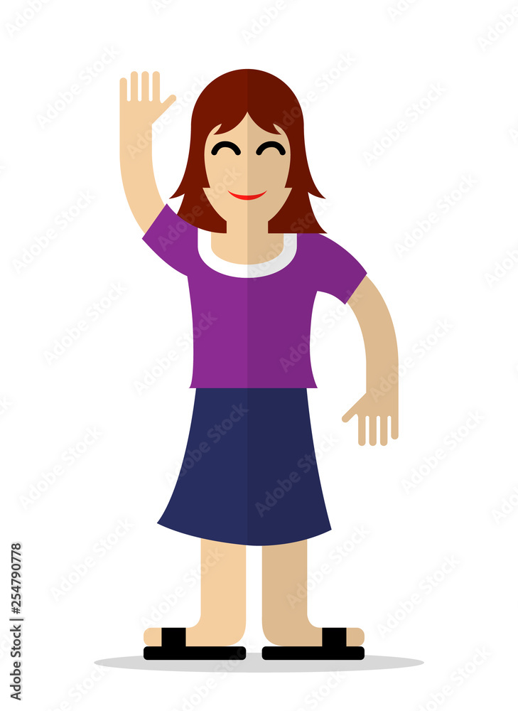 Woman Standing raise his hand and greeting say Hello Woman Standing raise his hand and greeting say Hello