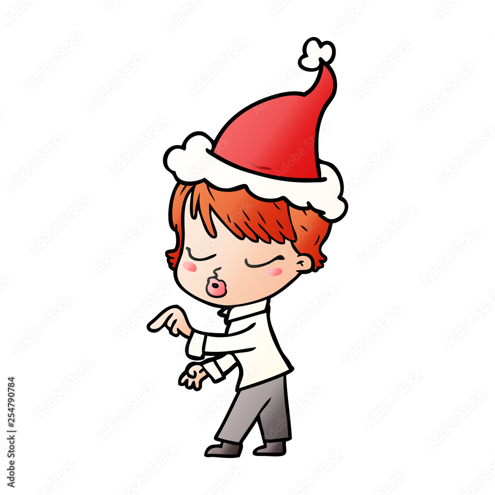 gradient cartoon of a woman with eyes shut wearing santa hat