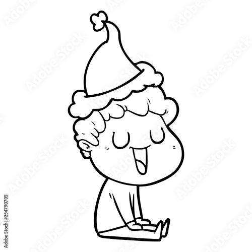 laughing line drawing of a man wearing santa hat