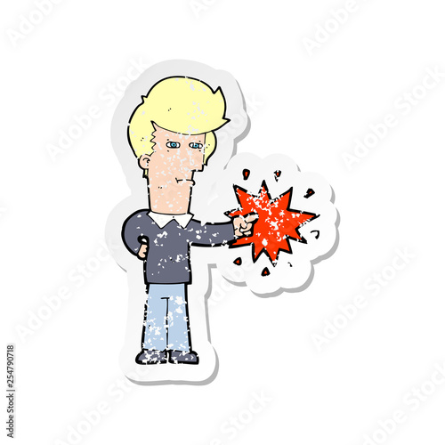 retro distressed sticker of a cartoon man pointing