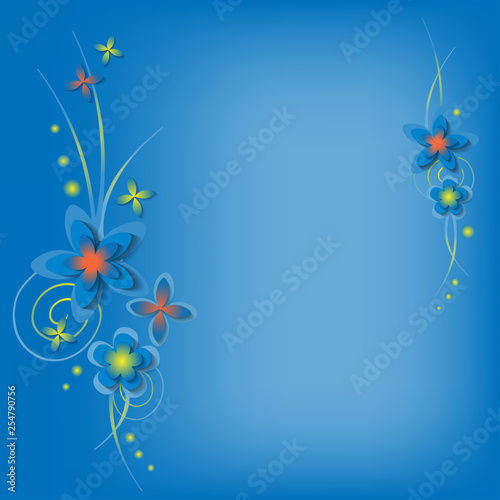 Square background frame with paper cut 3d flowers in blue  yellow and orange colors. Place for text. Decorative elements for festive design. Vector illustration