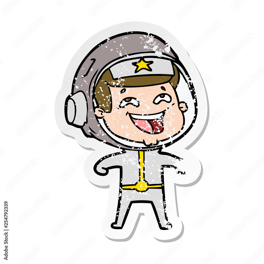 distressed sticker of a cartoon laughing astronaut