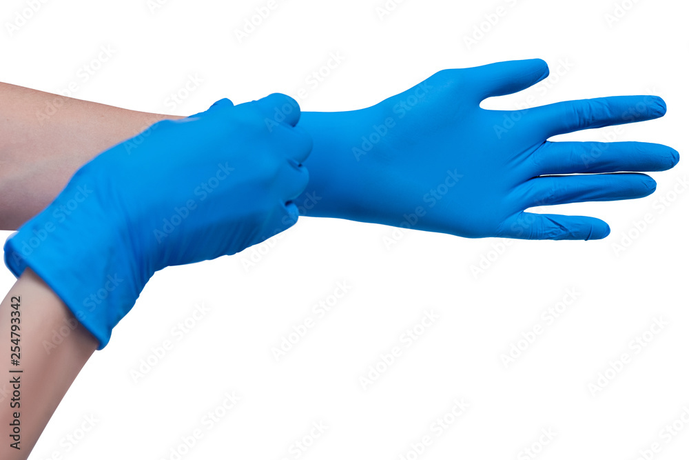 Hands and blue medical latex gloves isolated white background